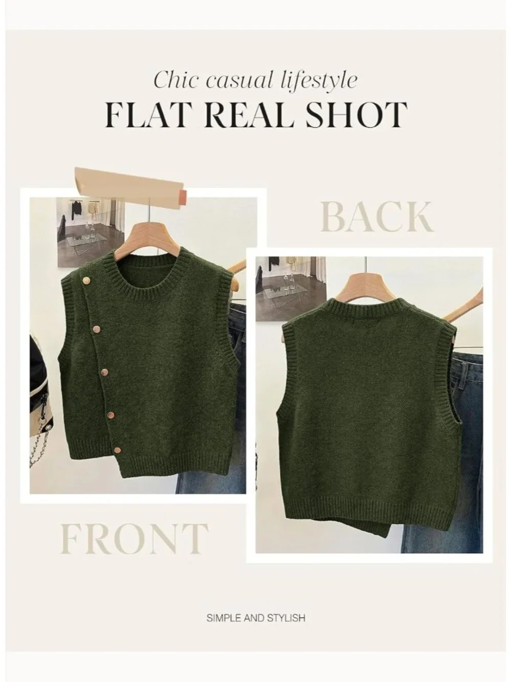 Women's Leaf Green Sleeveless Round Neck Casual Button Decoration Sweater Vest